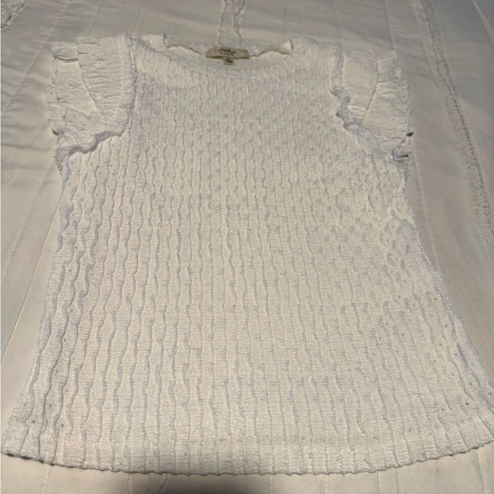 Atelier Sona White Textured Ruffle Cap-Sleeve Tank